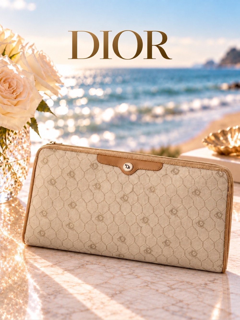 Dior Cannage (Honeycomb) Pouch – Beige Canvas with Brown Leather Trim
